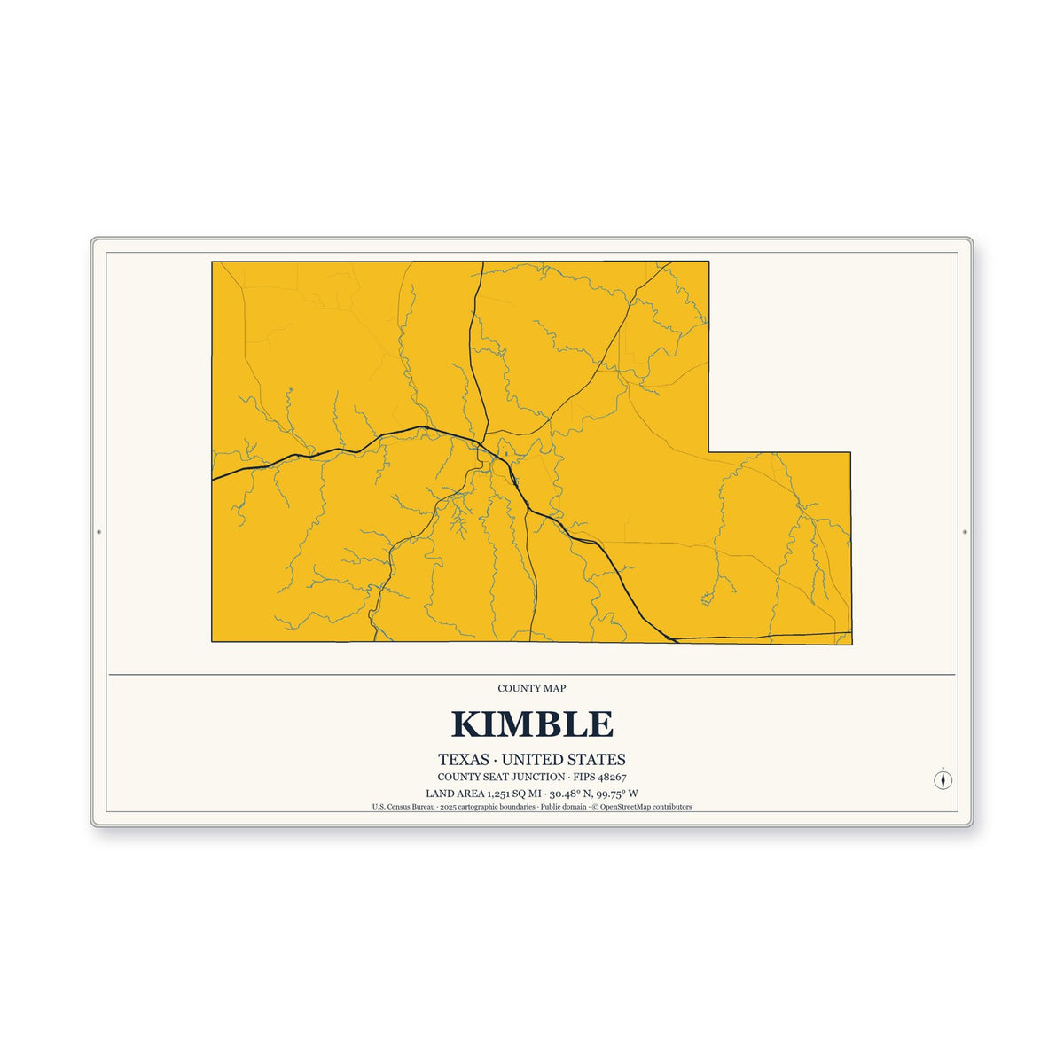 Kimble County, Texas Map Aluminum Sign in Citrine Modern style