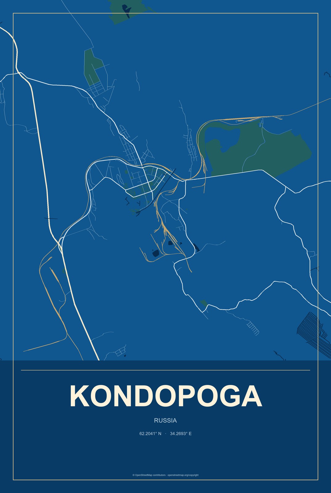 Kondopoga, Russia City Map Aluminum Sign in Harbor Cobalt style