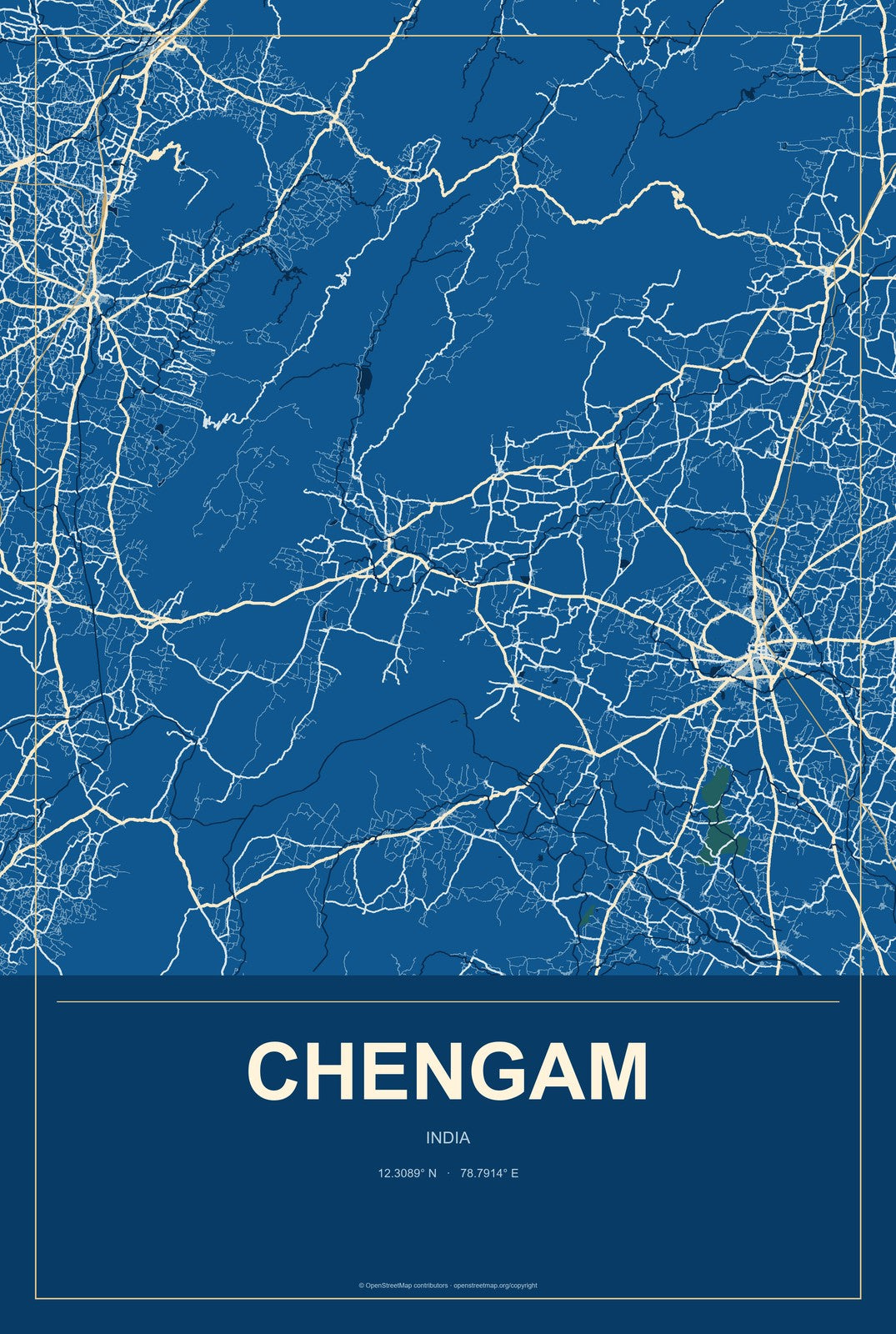 Chengam, India City Map Aluminum Sign in Harbor Cobalt style