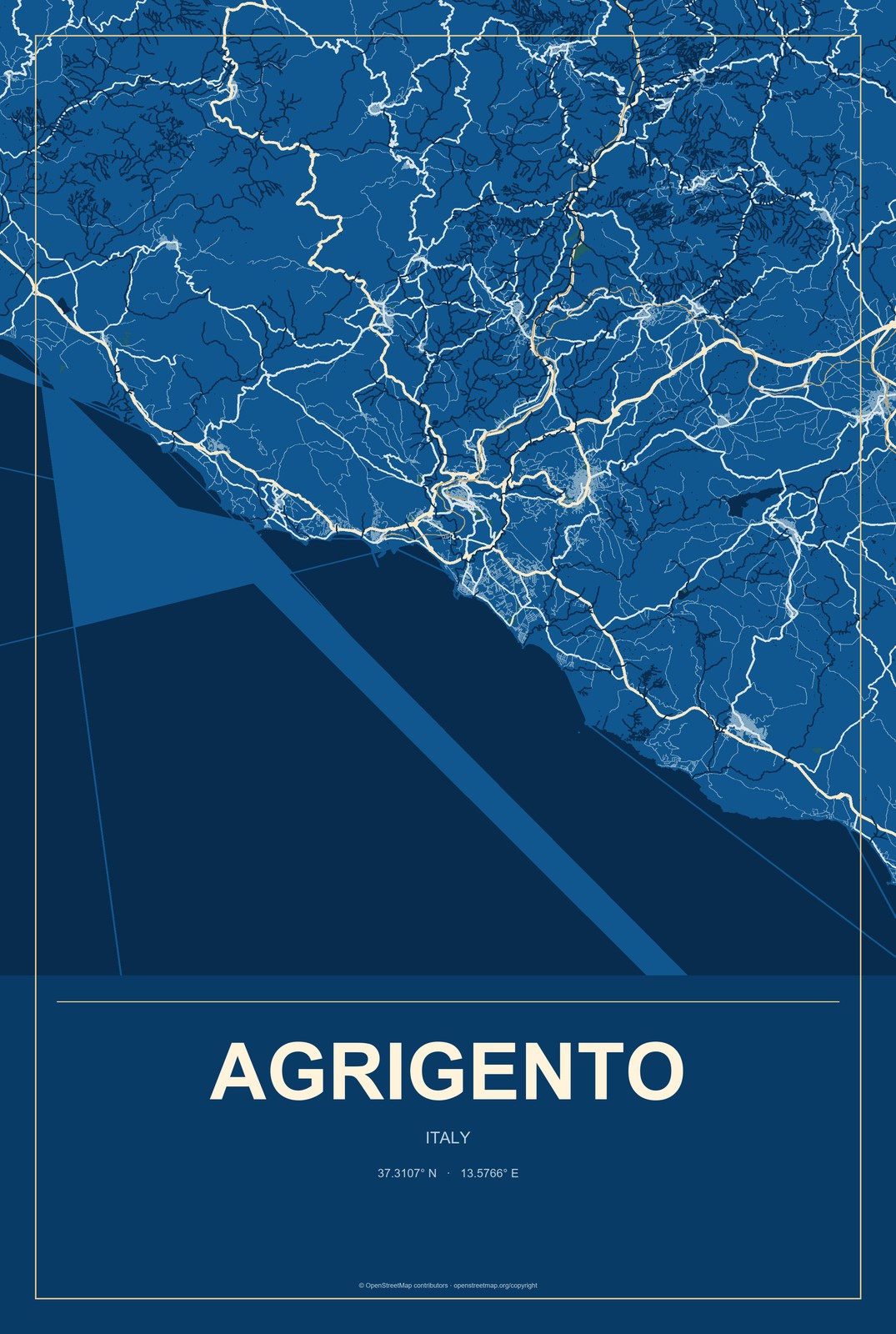 Agrigento, Italy City Map Aluminum Sign in Harbor Cobalt style