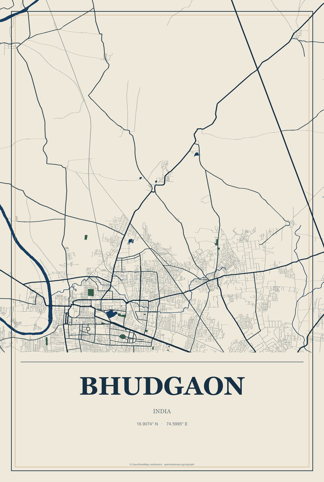Bhudgaon, India City Map Aluminum Sign in Coastal Cutout style