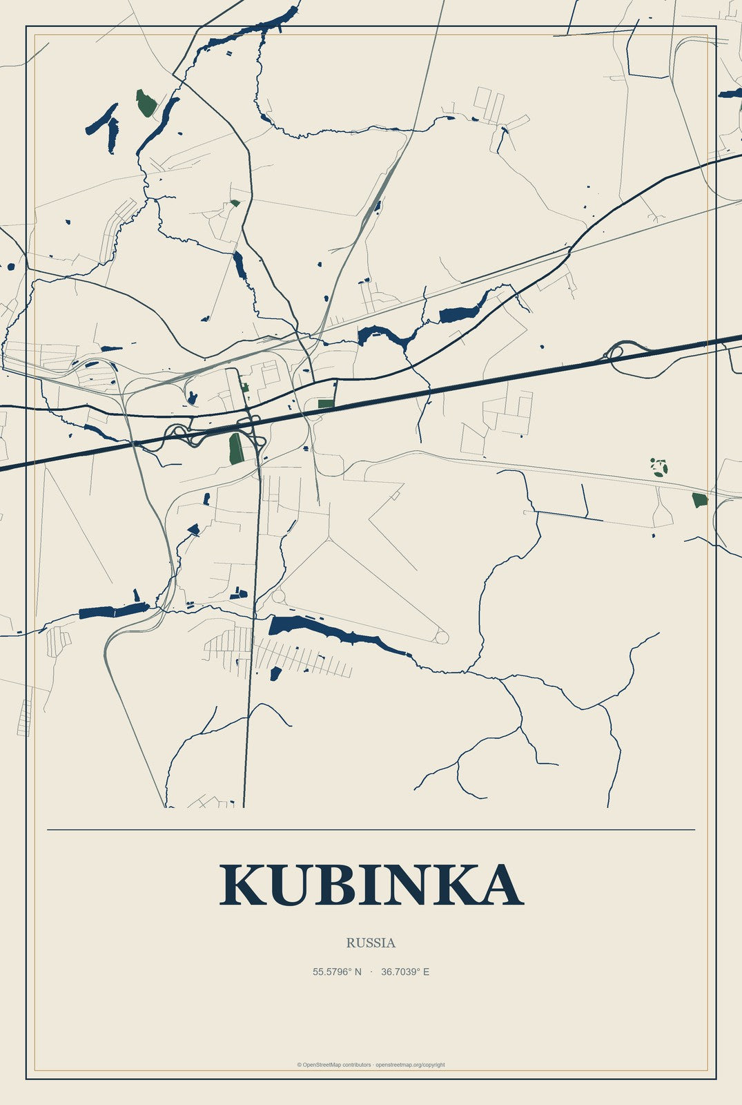 Kubinka, Russia City Map Aluminum Sign in Coastal Cutout style