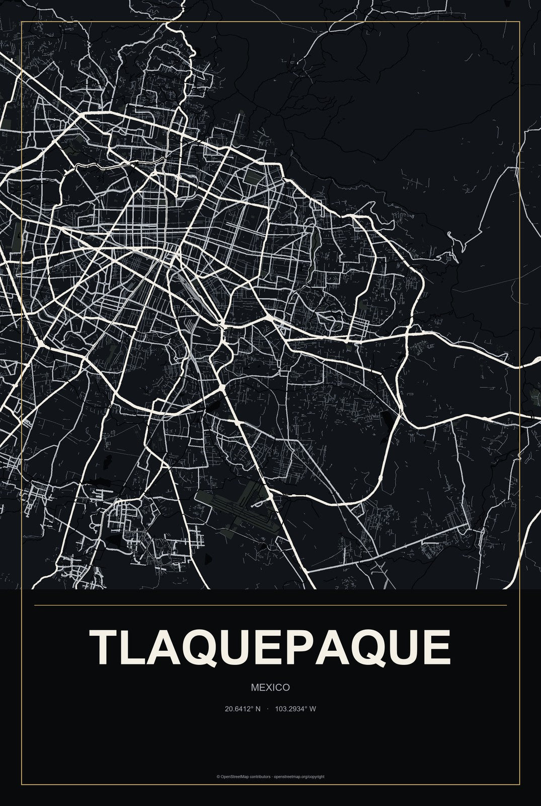 Tlaquepaque, Mexico City Map Aluminum Sign in Metropolitan Noir style