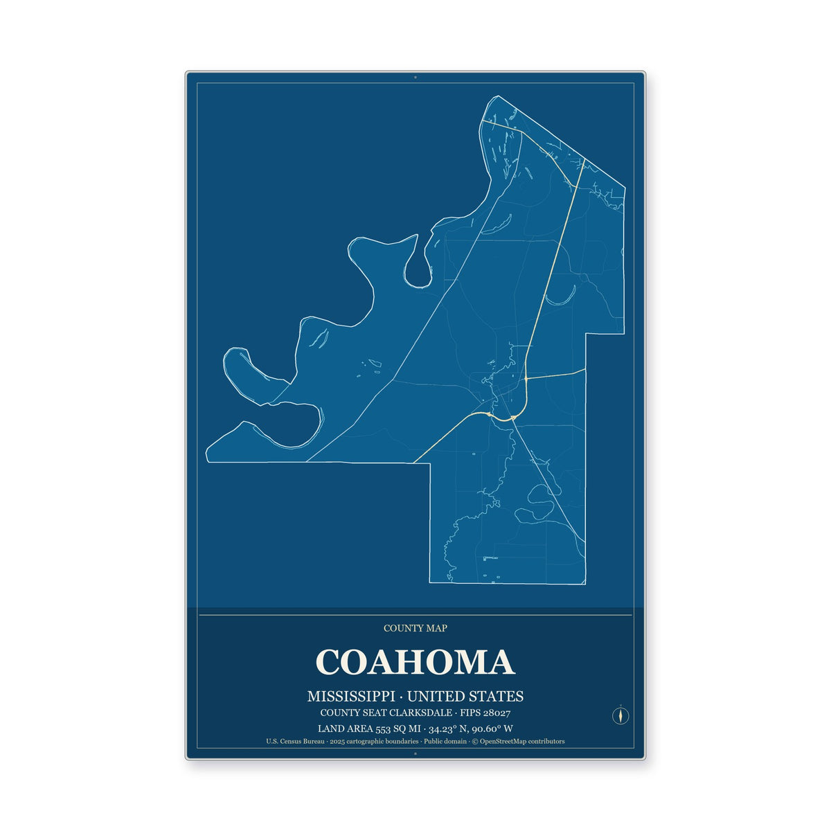 Coahoma County, Mississippi Map Aluminum Sign in Harbor Cobalt style