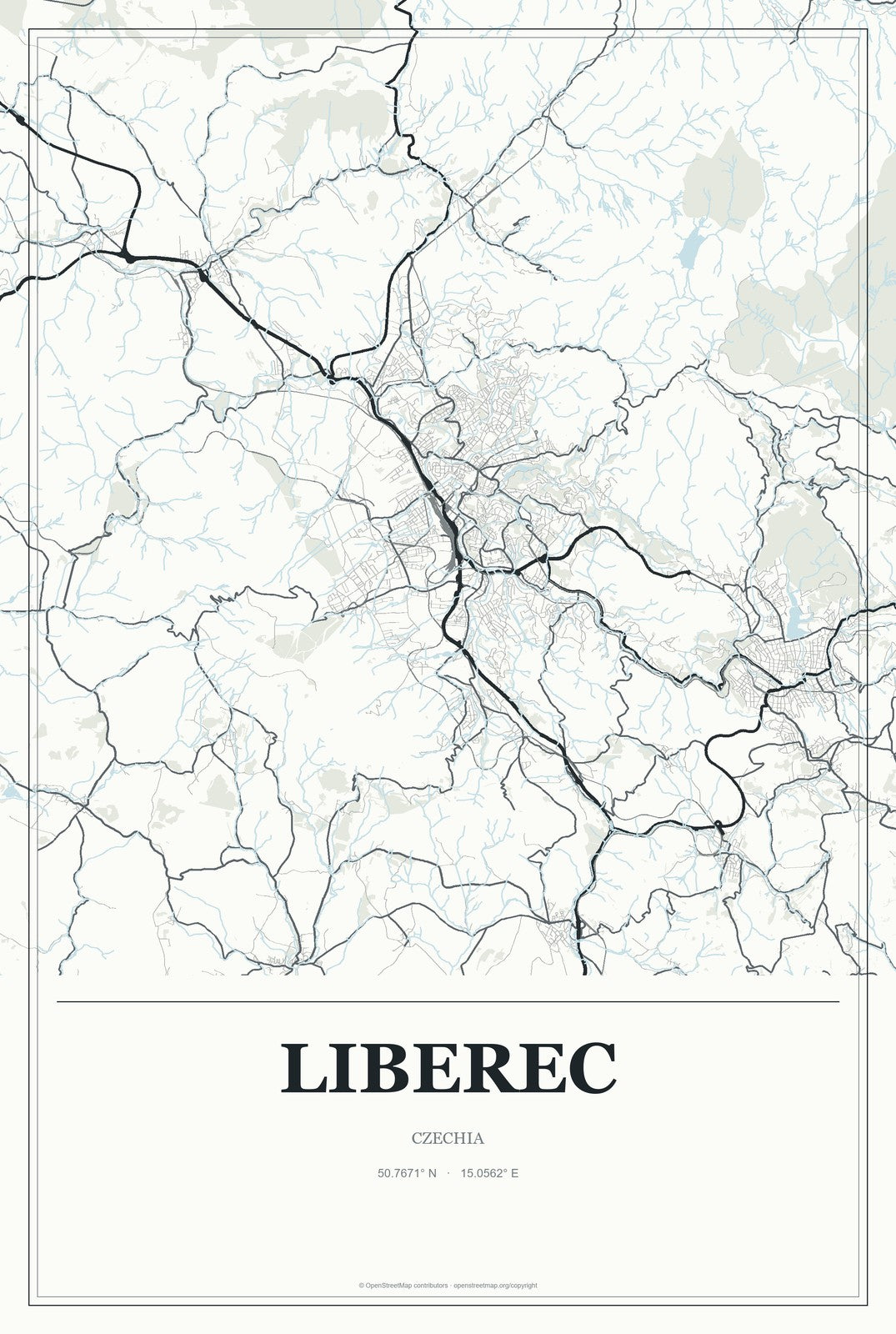 Liberec, Czechia City Map Aluminum Sign in Gallery Air style