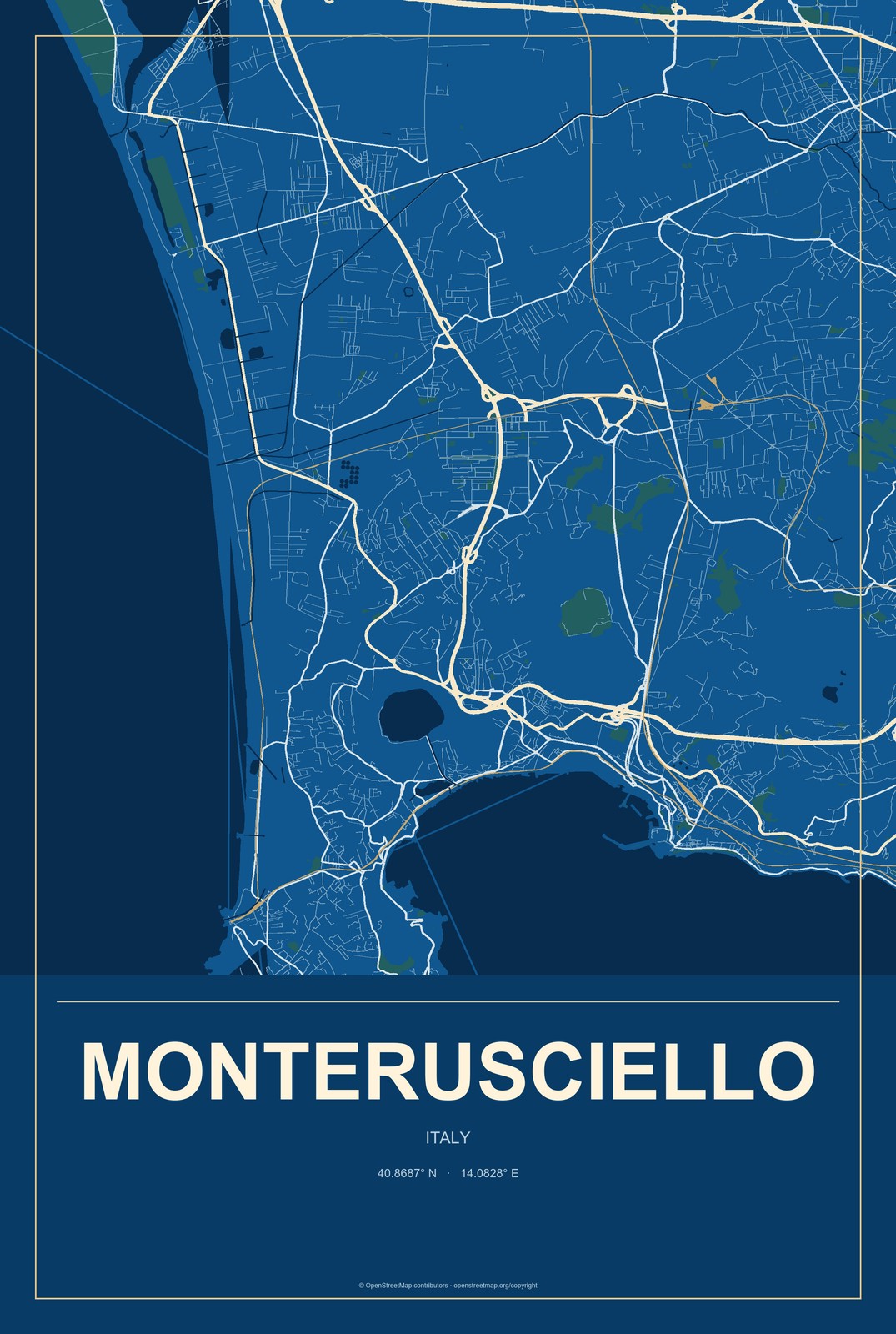 Monterusciello, Italy City Map Aluminum Sign in Harbor Cobalt style