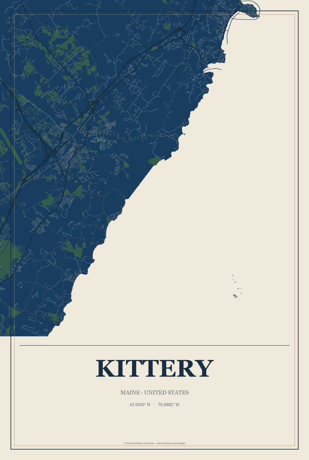 Kittery, Maine City Map Aluminum Sign in Coastal Cutout style