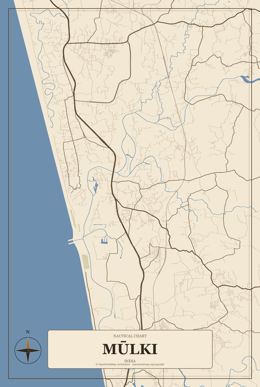 Mūlki, India City Map Aluminum Sign in Heritage Nautical style