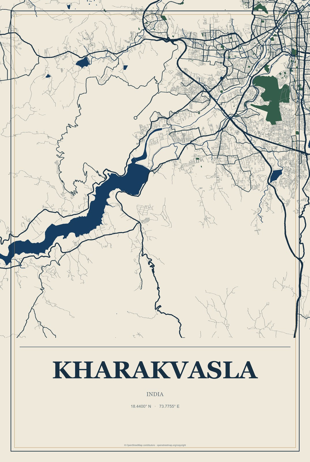 Kharakvasla, India City Map Aluminum Sign in Coastal Cutout style
