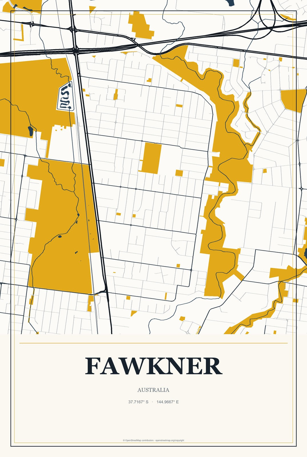 Fawkner, Australia City Map Aluminum Sign in Citrine Modern style