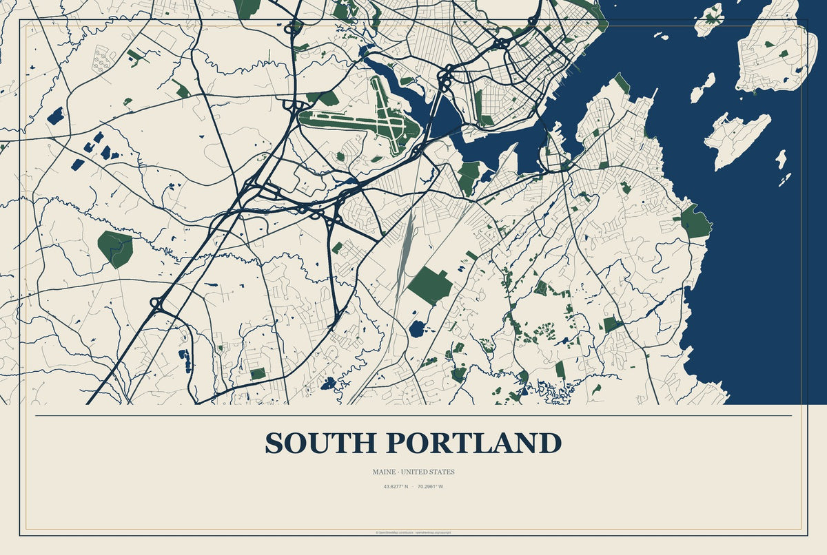 South Portland, Maine City Map Aluminum Sign in Coastal Cutout style