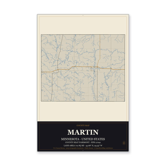 Martin County, Minnesota Map Aluminum Sign in Museum Plaque style