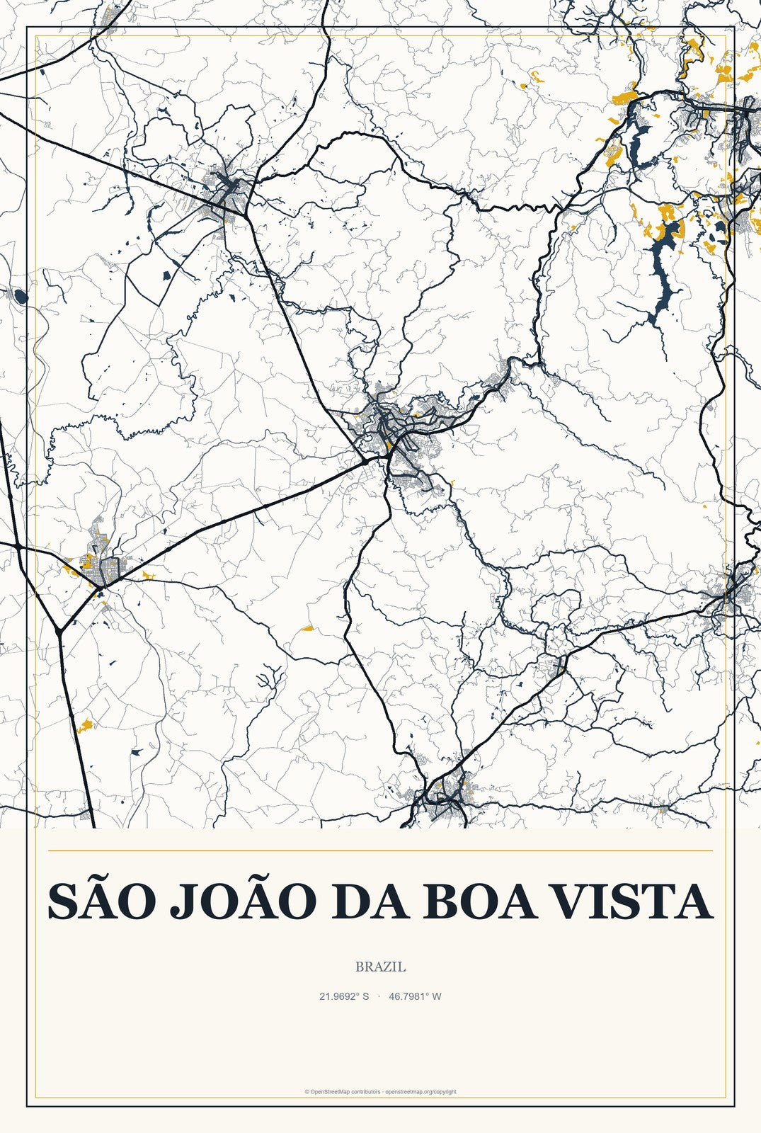 São João da Boa Vista, Brazil City Map Aluminum Sign in Citrine Modern style
