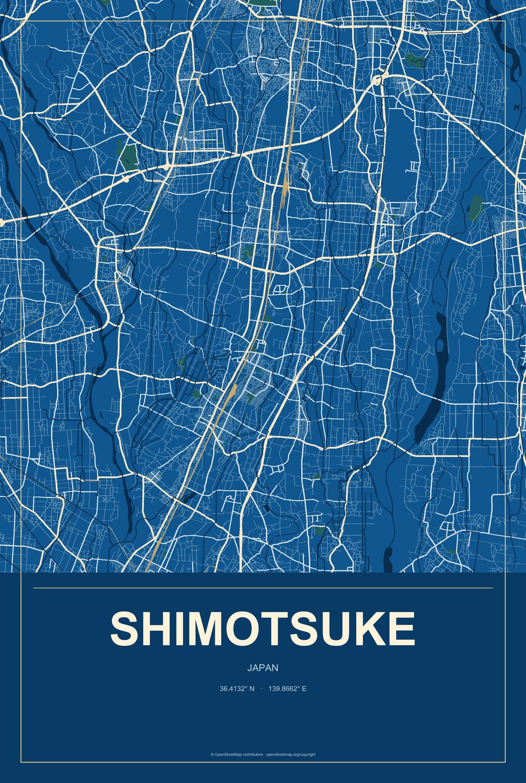 Shimotsuke, Japan City Map Aluminum Sign in Harbor Cobalt style
