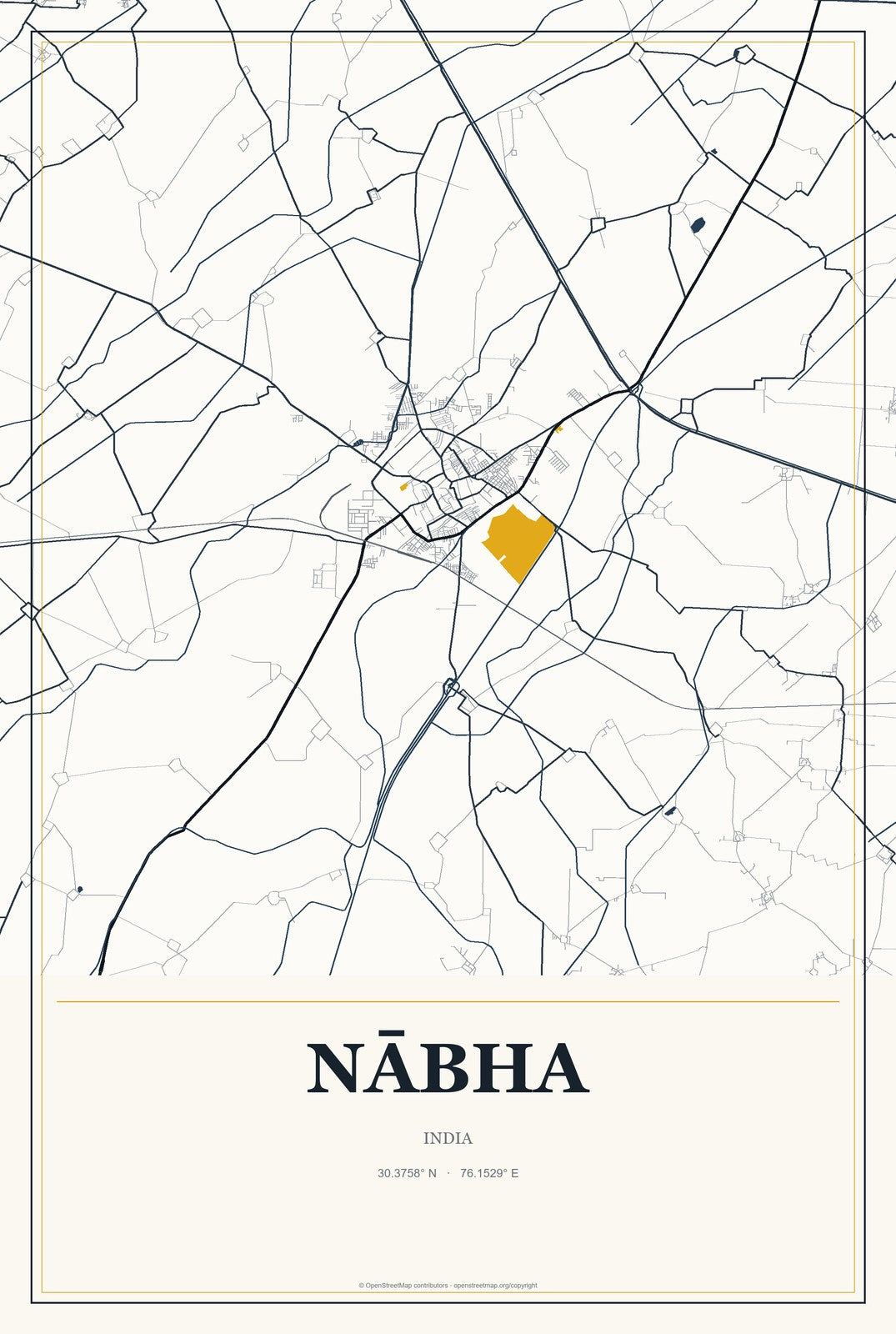 Nābha, India City Map Aluminum Sign in Citrine Modern style