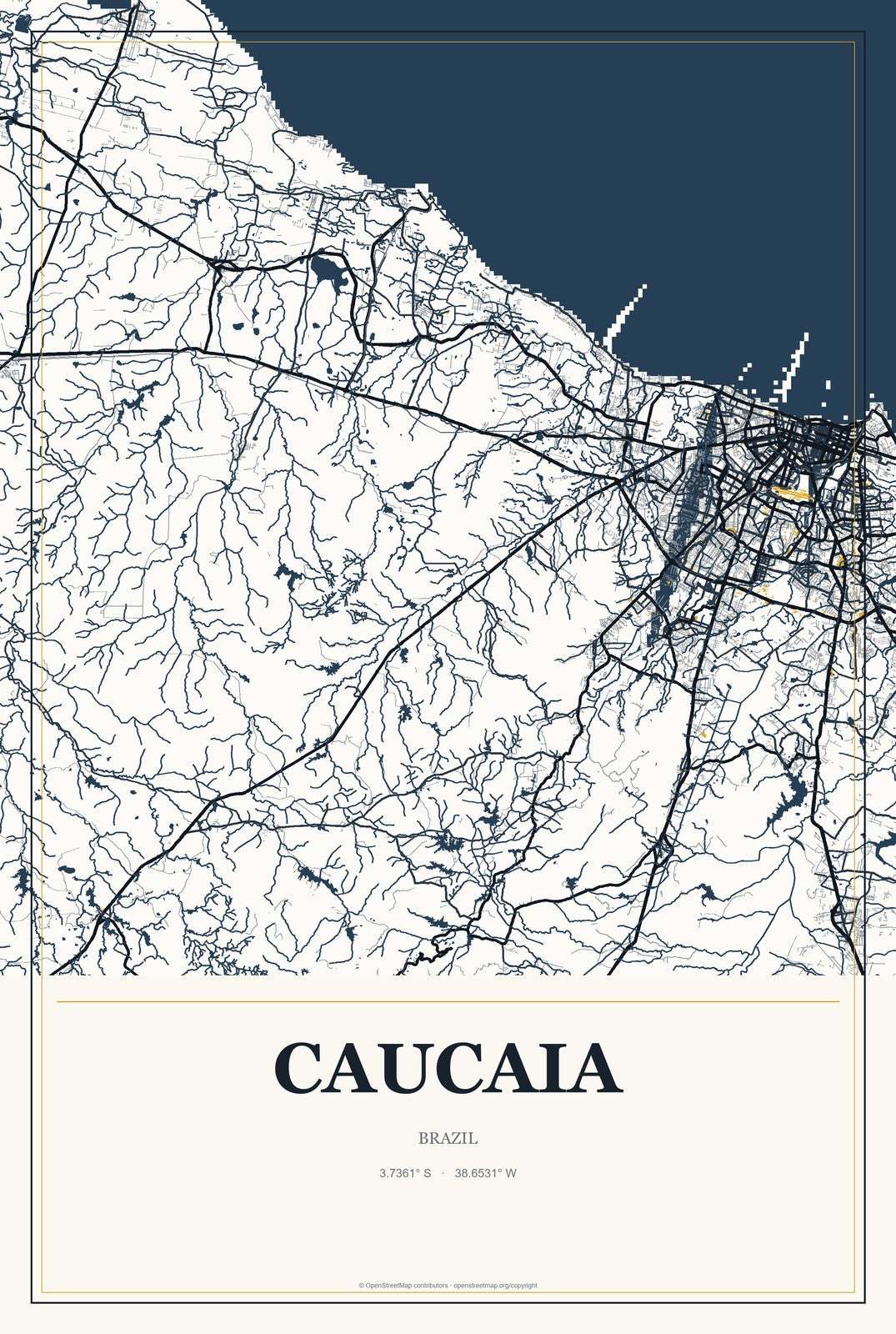 Caucaia, Brazil City Map Aluminum Sign in Citrine Modern style