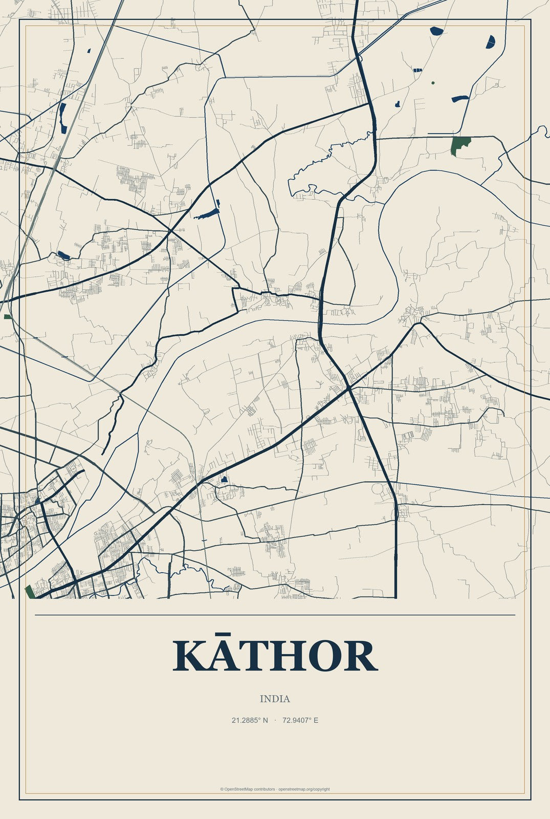 Kāthor, India City Map Aluminum Sign in Coastal Cutout style