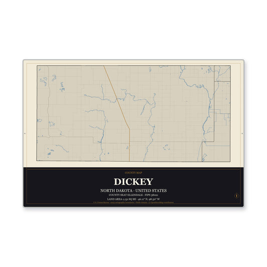 Dickey County, North Dakota Map Aluminum Sign in Museum Plaque style