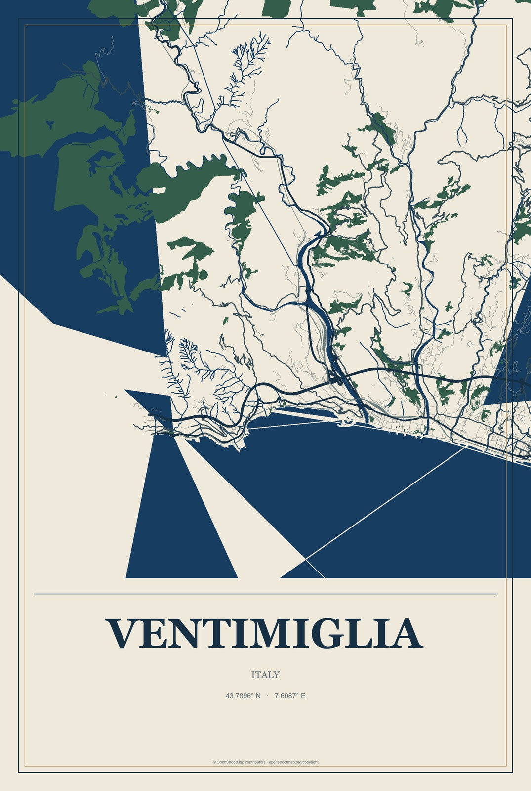 Ventimiglia, Italy City Map Aluminum Sign in Coastal Cutout style