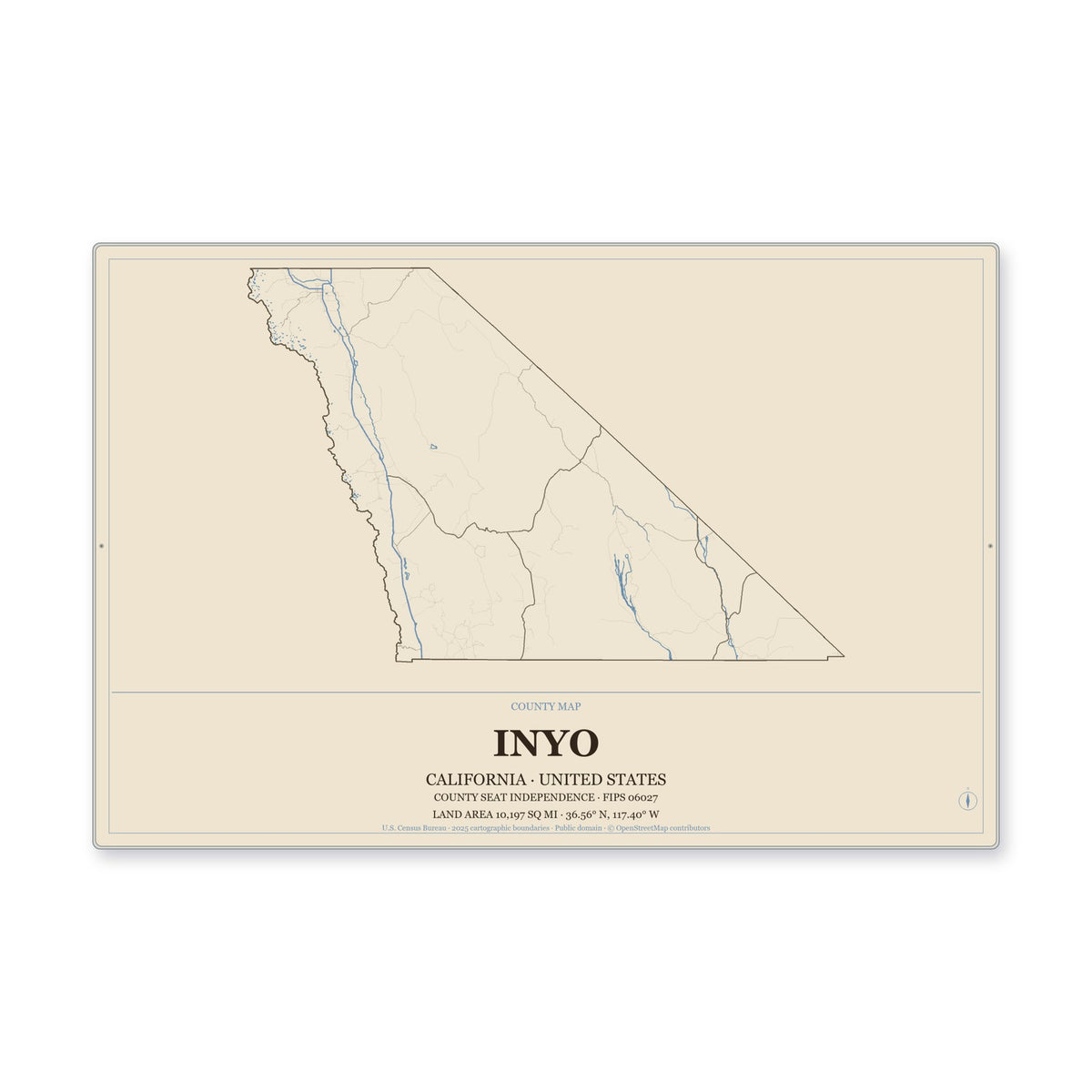 Inyo County, California Map Aluminum Sign in Heritage Nautical style