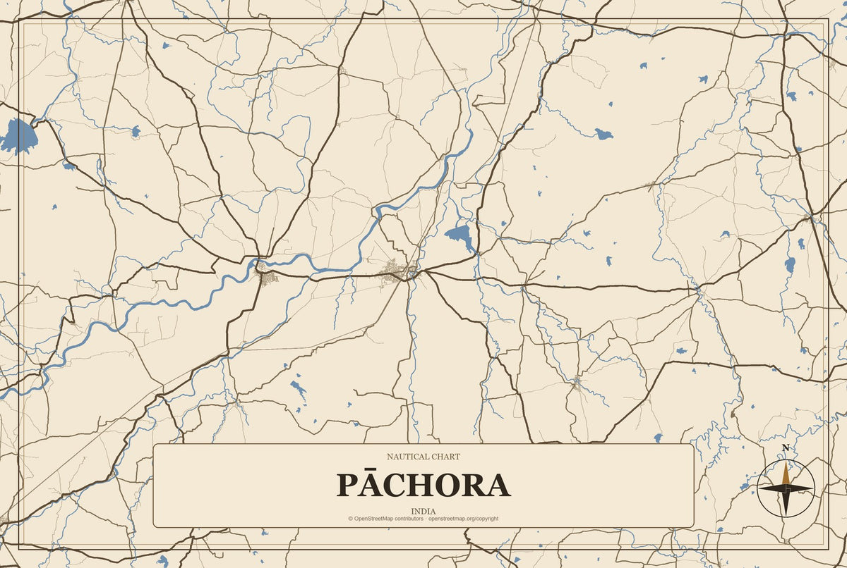 Pāchora, India City Map Aluminum Sign in Heritage Nautical style