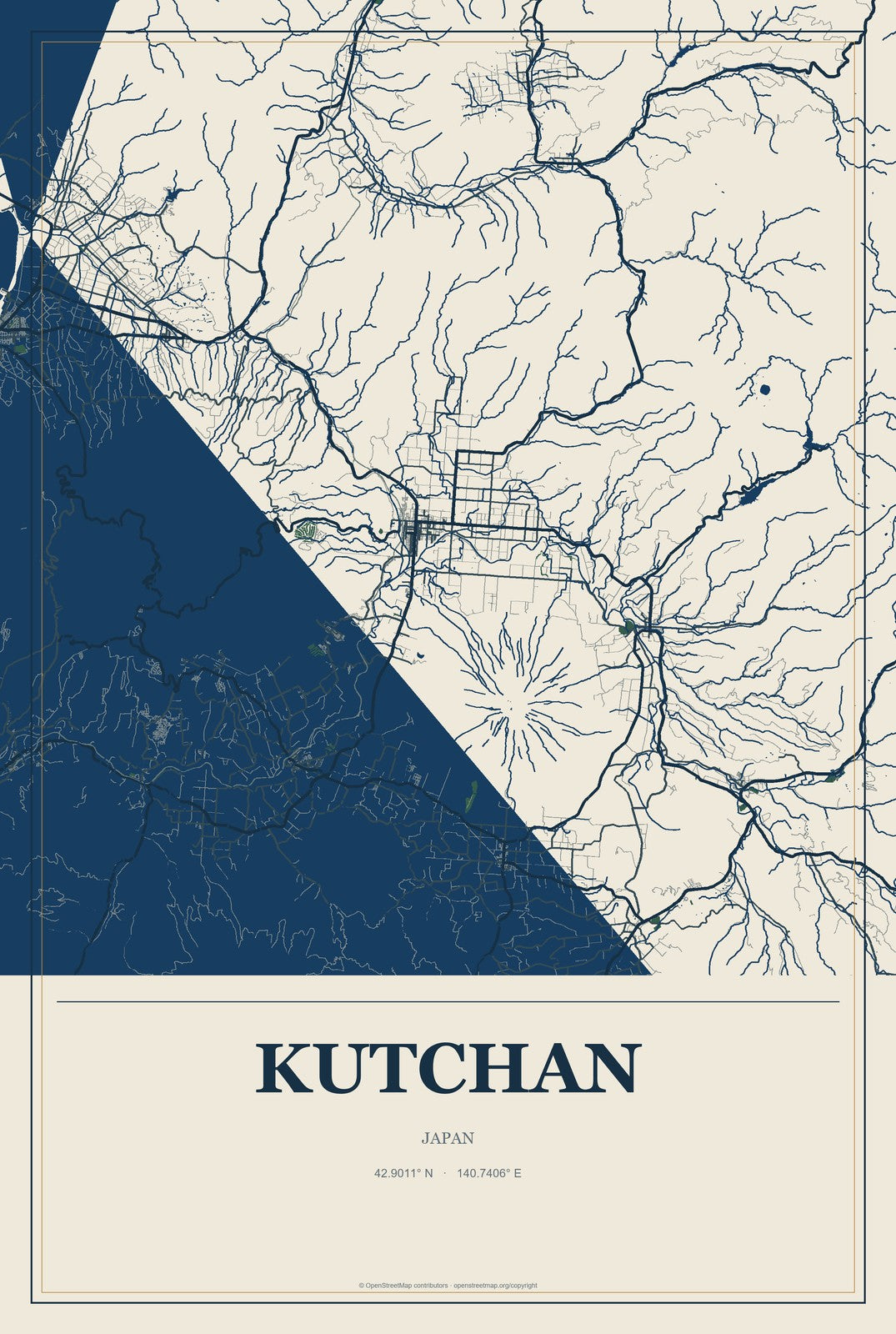 Kutchan, Japan City Map Aluminum Sign in Coastal Cutout style