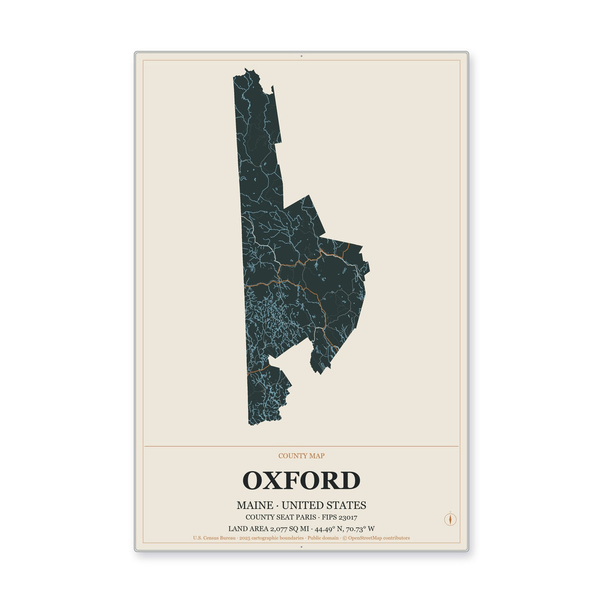 Oxford County, Maine Map Aluminum Sign in Headline Atlas style