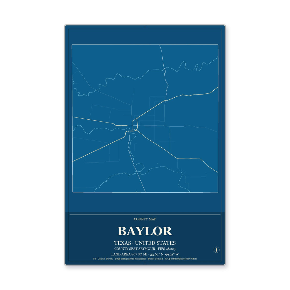 Baylor County, Texas Map Aluminum Sign in Harbor Cobalt style