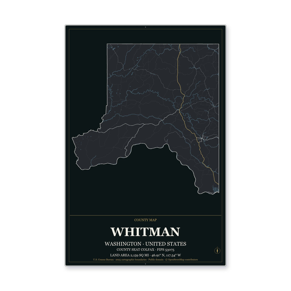 Whitman County, Washington Map Aluminum Sign in Metropolitan Noir style