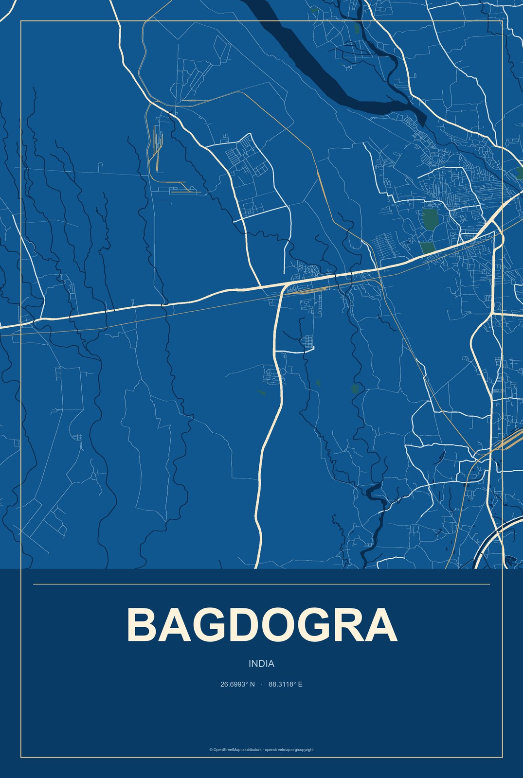 Bagdogra, India City Map Aluminum Sign in Harbor Cobalt style