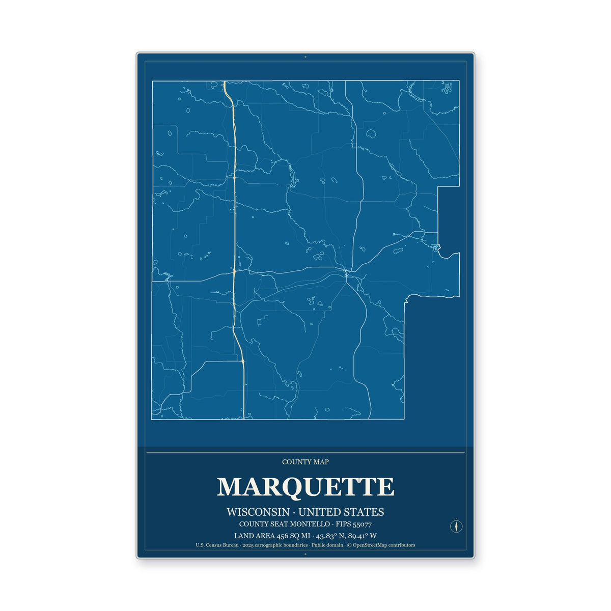 Marquette County, Wisconsin Map Aluminum Sign in Harbor Cobalt style