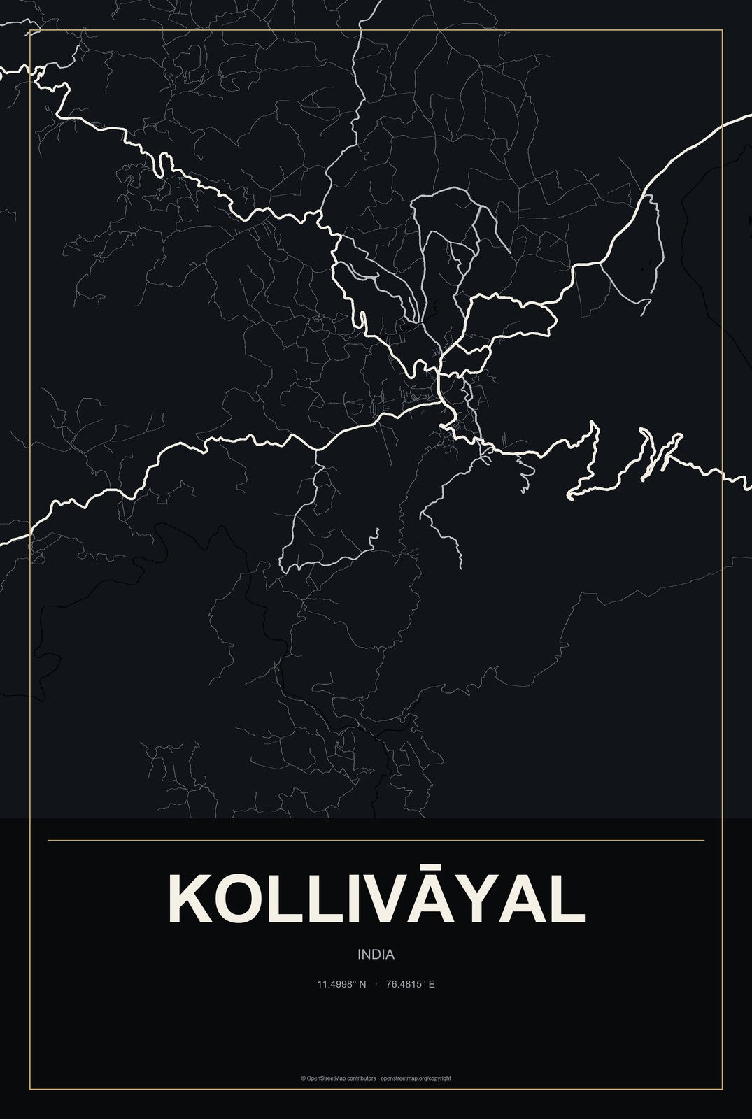 Kollivāyal, India City Map Aluminum Sign in Metropolitan Noir style