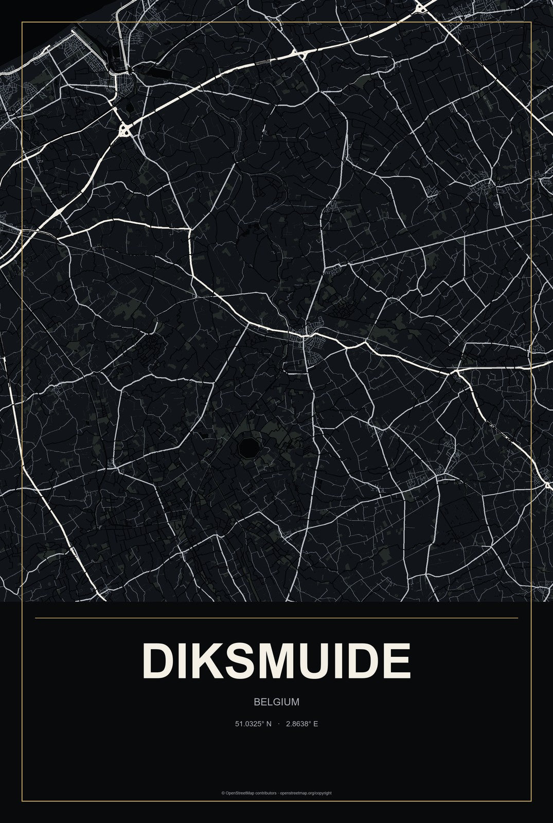 Diksmuide, Belgium City Map Aluminum Sign in Metropolitan Noir style