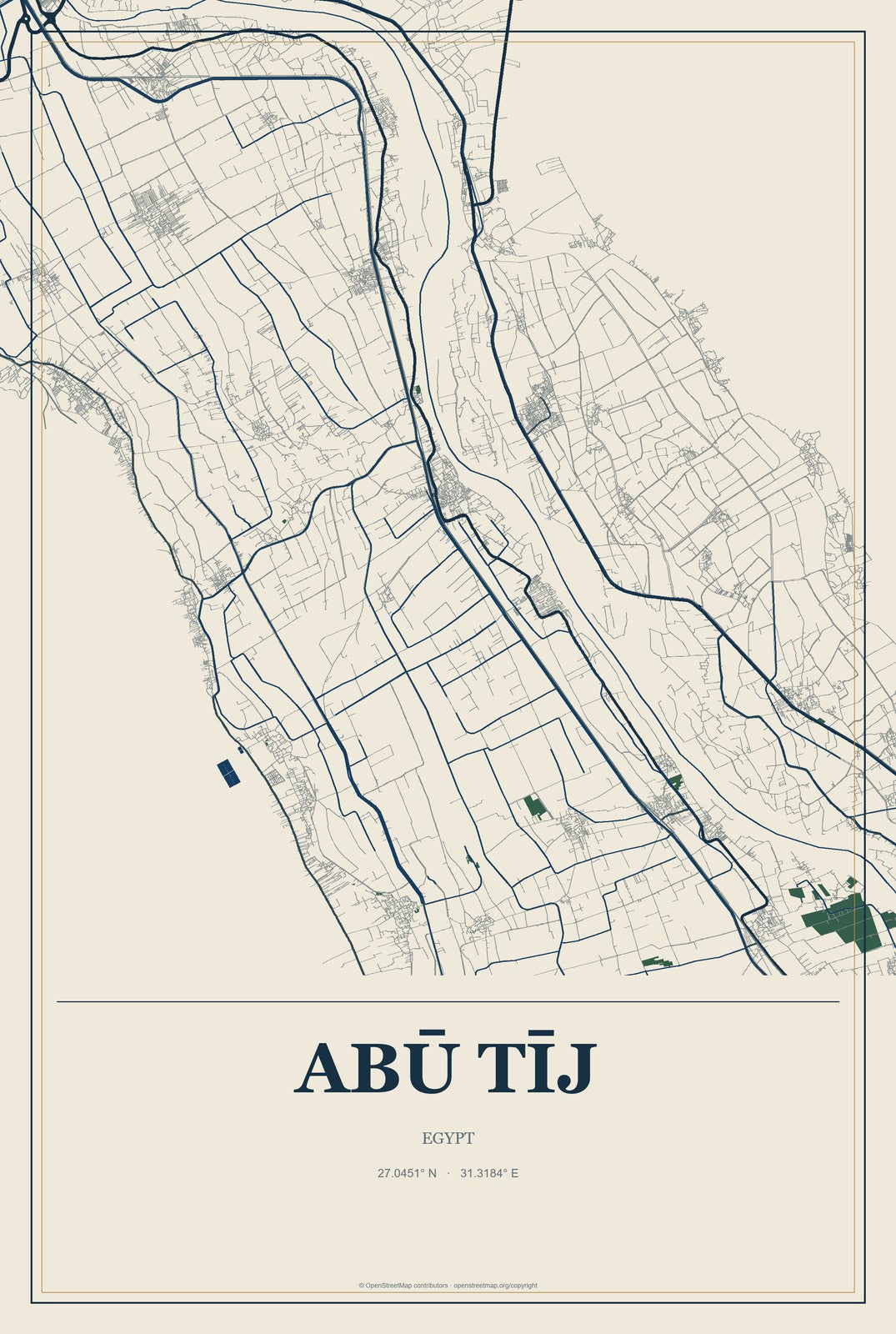 Abū Tīj, Egypt City Map Aluminum Sign in Coastal Cutout style