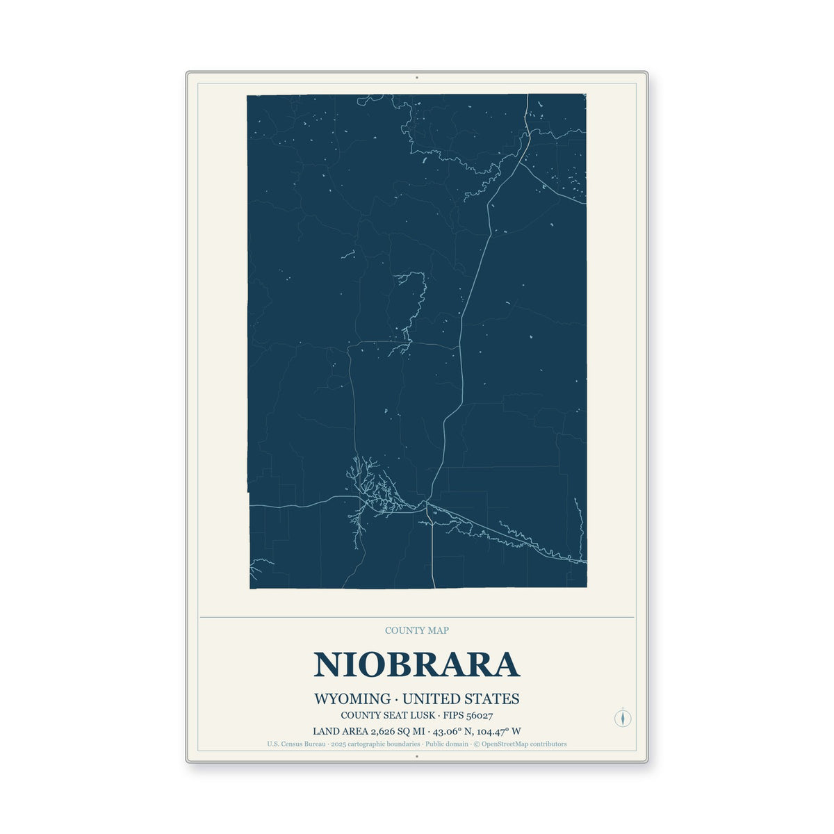 Niobrara County, Wyoming Map Aluminum Sign in Coastal Cutout style