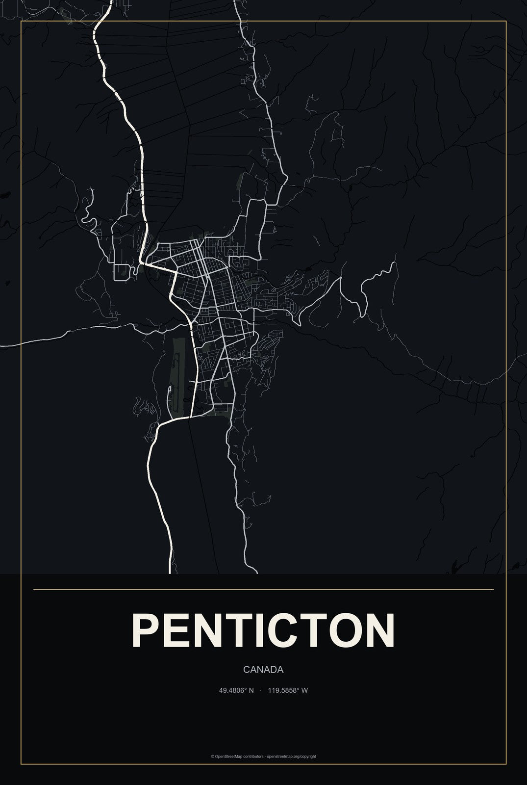 Penticton, Canada City Map Aluminum Sign in Metropolitan Noir style