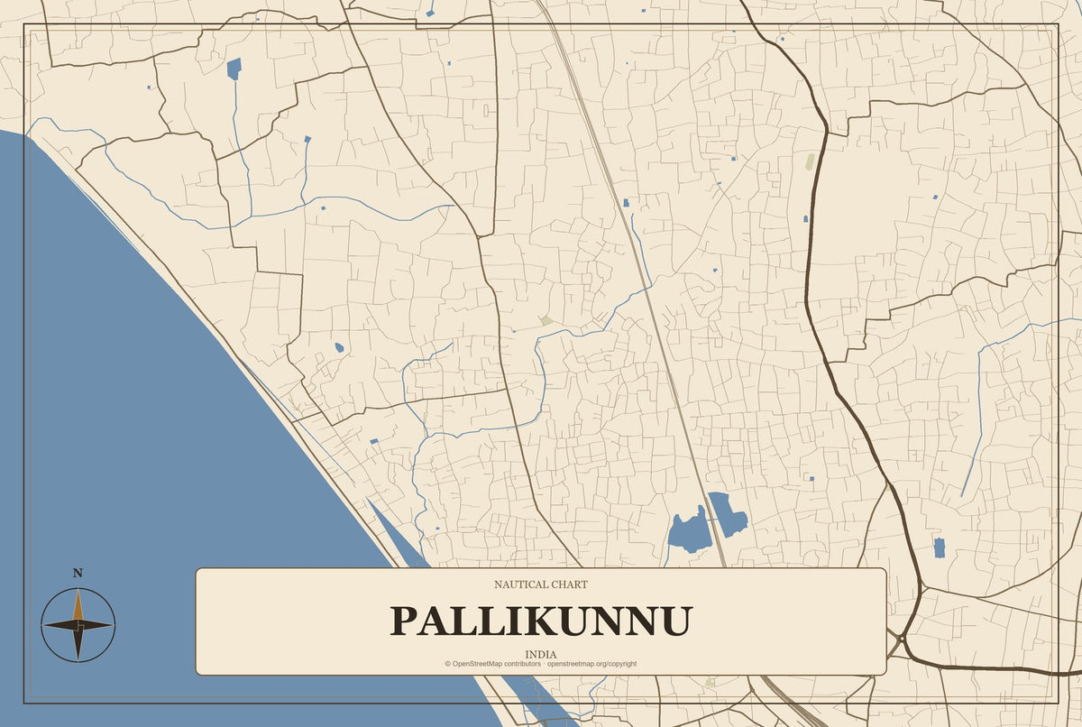 Pallikunnu, India City Map Aluminum Sign in Heritage Nautical style