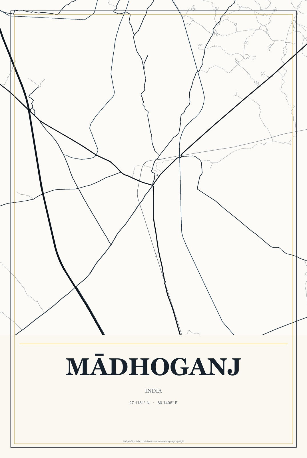 Mādhoganj, India City Map Aluminum Sign in Citrine Modern style