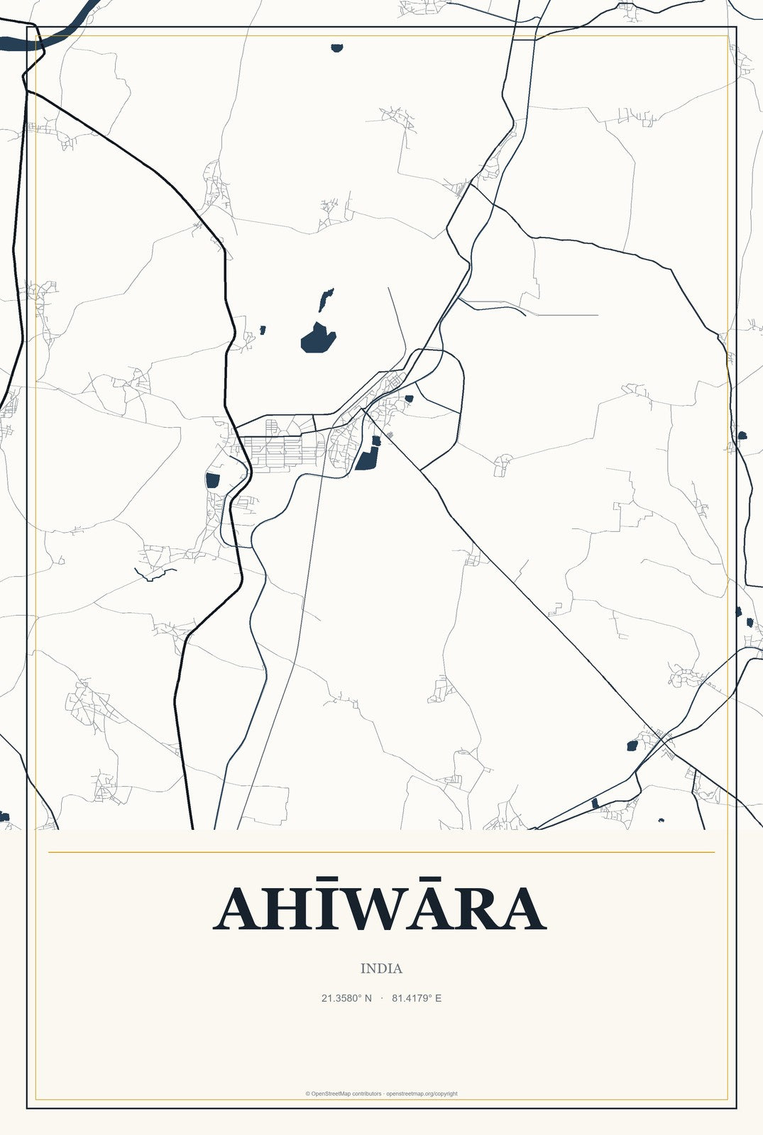 Ahīwāra, India City Map Aluminum Sign in Citrine Modern style