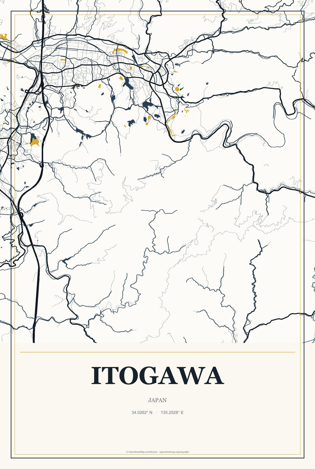 Itogawa, Japan City Map Aluminum Sign in Citrine Modern style