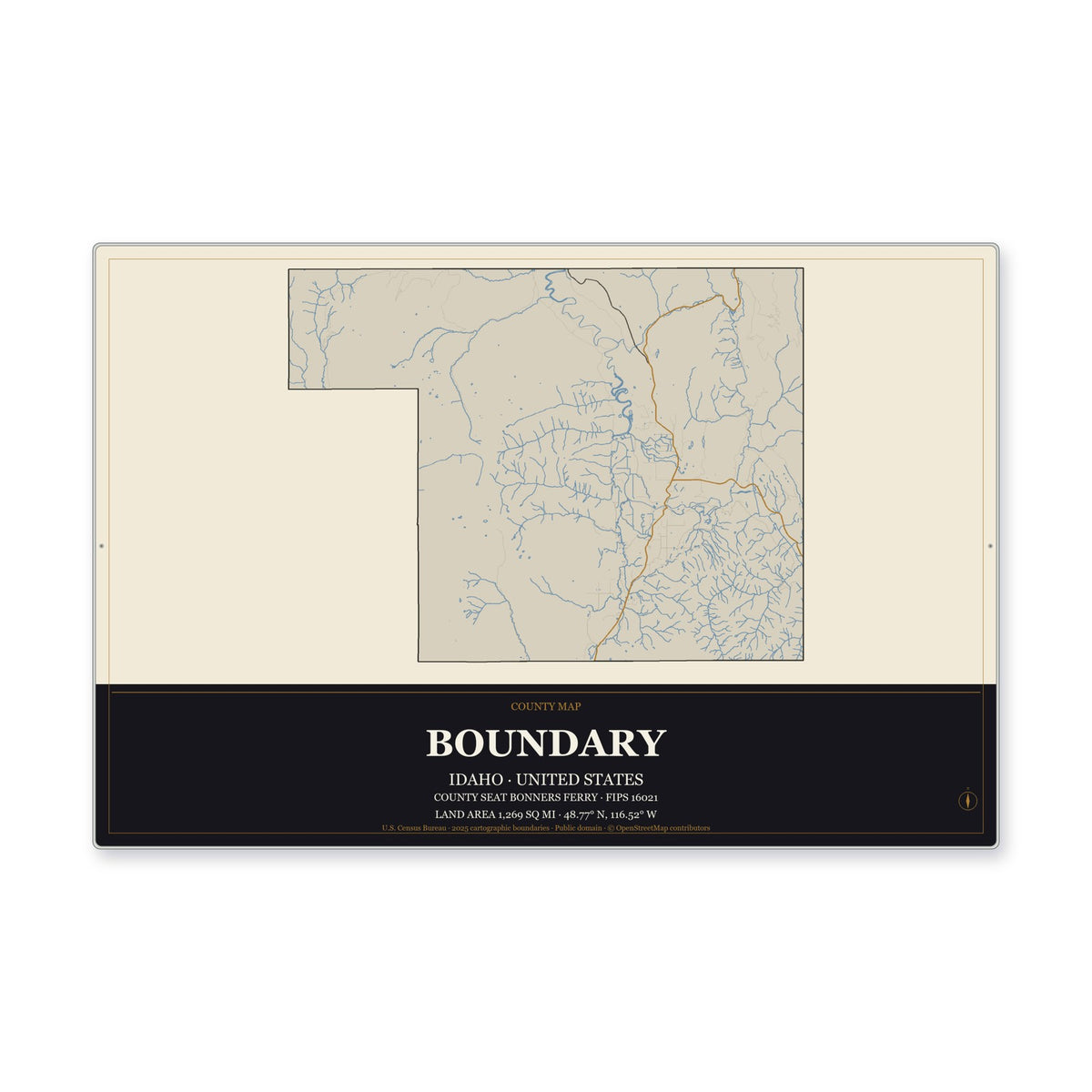 Boundary County, Idaho Map Aluminum Sign in Museum Plaque style