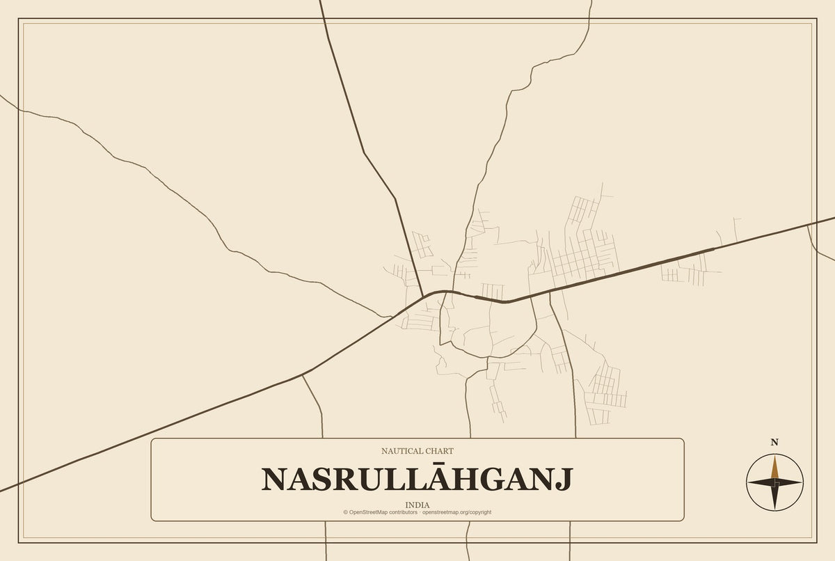 Nasrullāhganj, India City Map Aluminum Sign in Heritage Nautical style