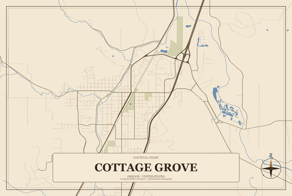 Cottage Grove, Oregon City Map Aluminum Sign in Heritage Nautical style
