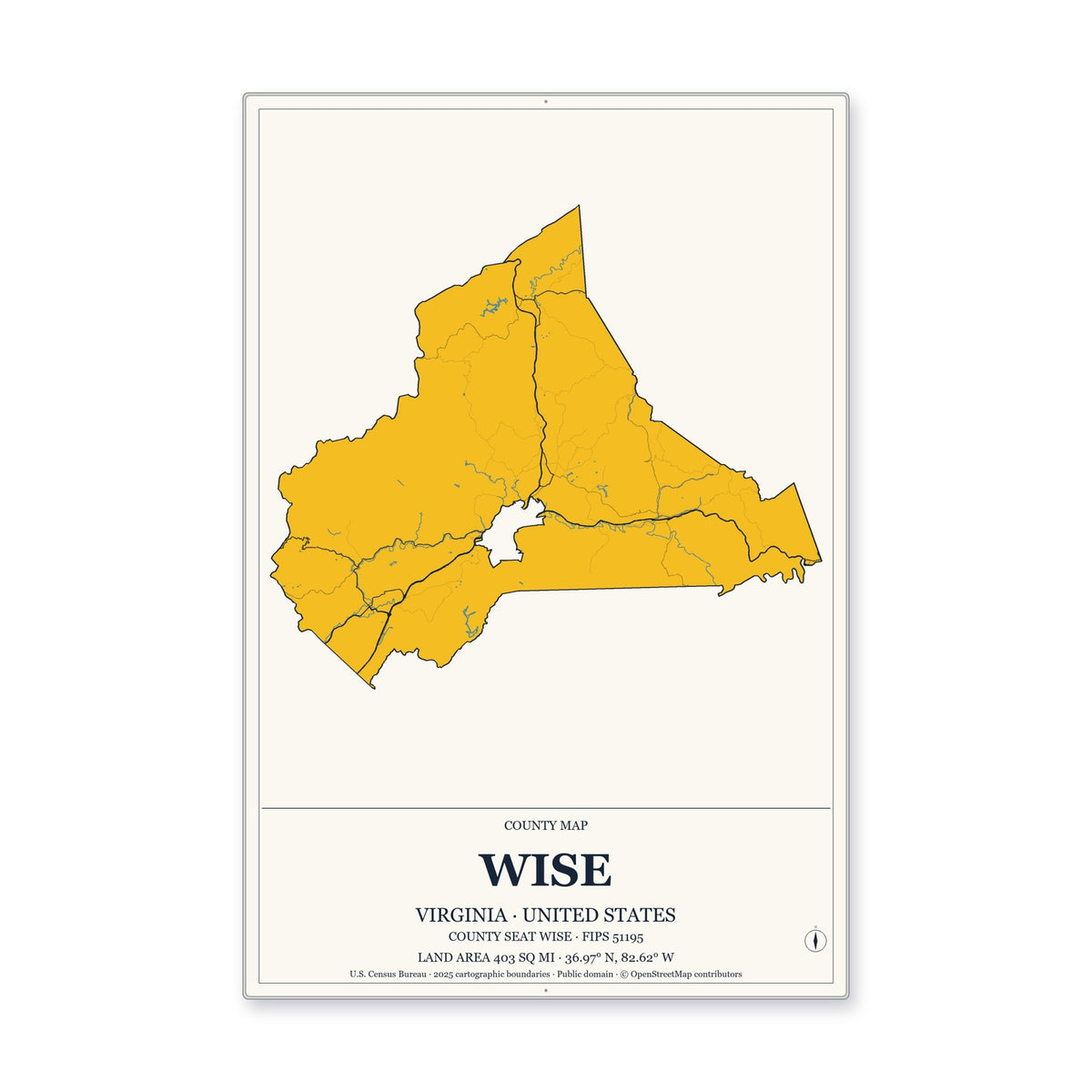 Wise County, Virginia Map Aluminum Sign in Citrine Modern style