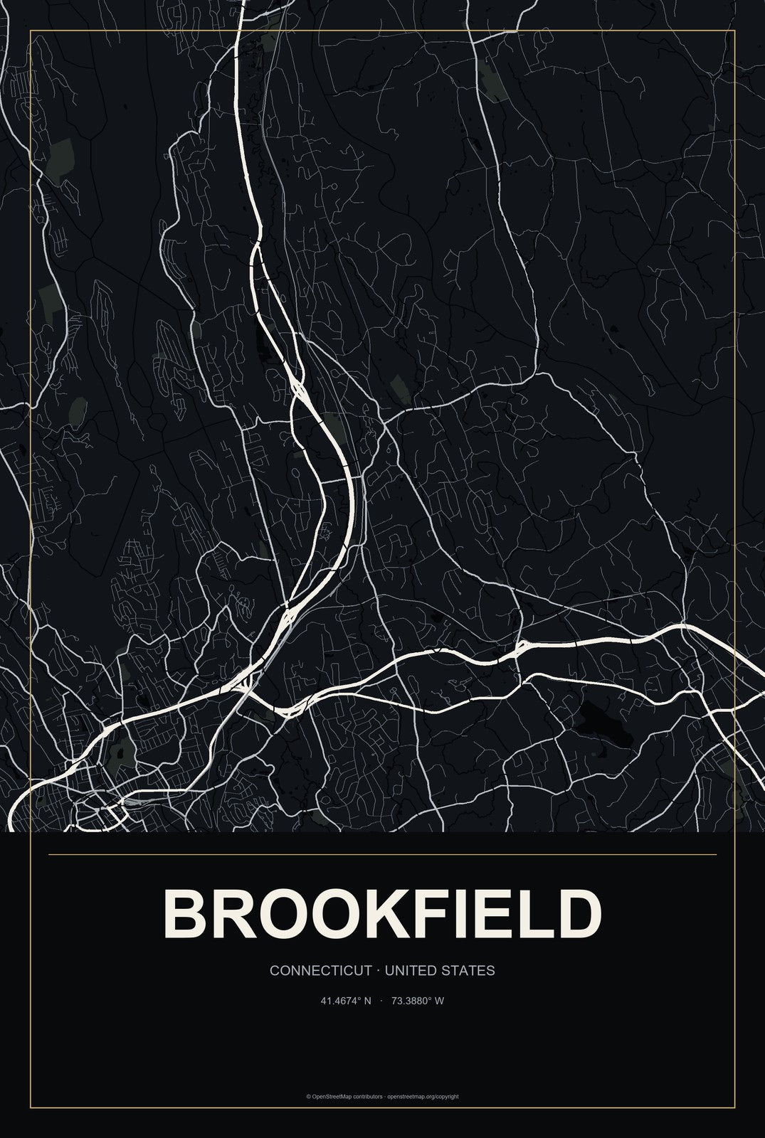 Brookfield, Connecticut City Map Aluminum Sign in Metropolitan Noir style