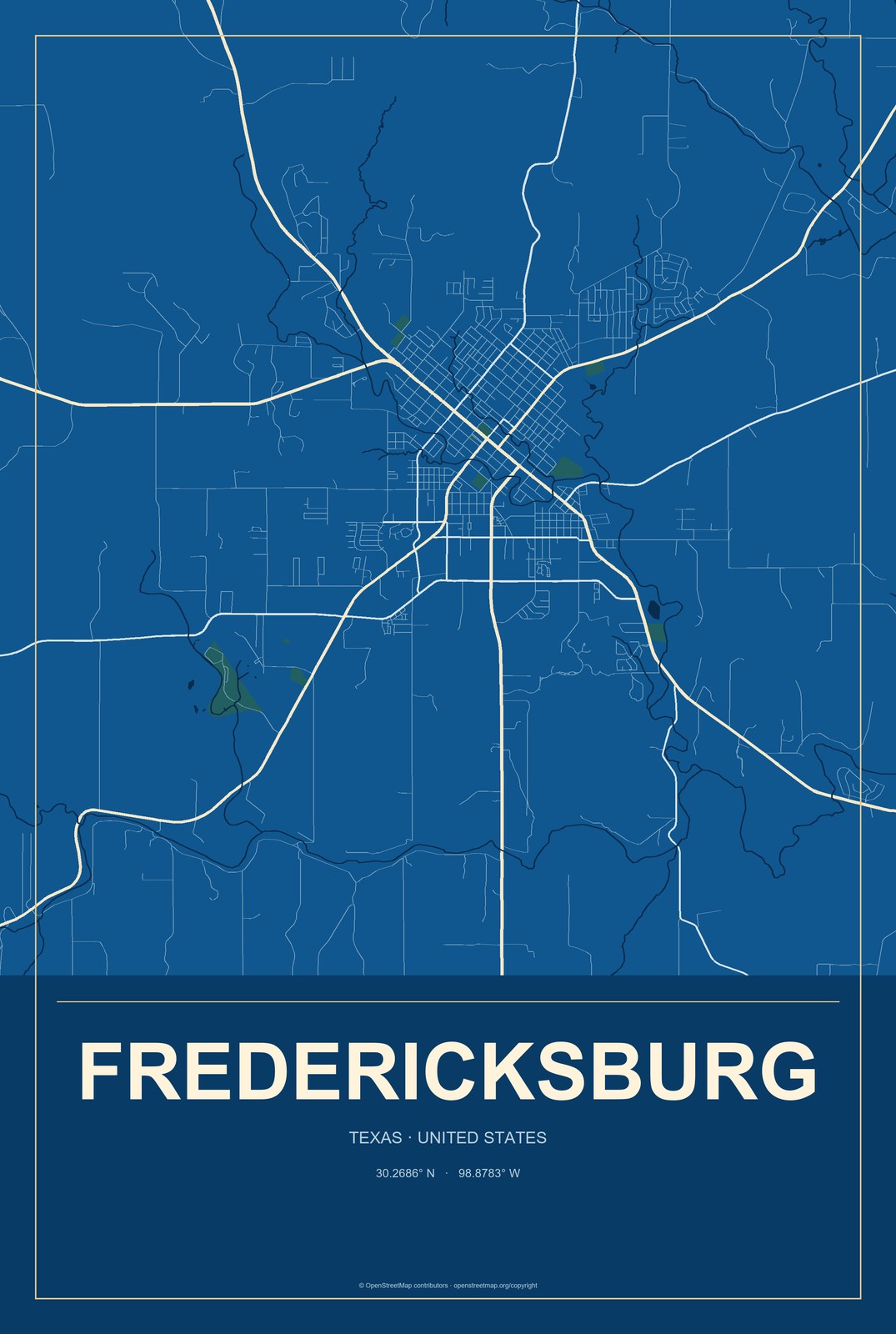 Fredericksburg, Texas City Map Aluminum Sign in Harbor Cobalt style