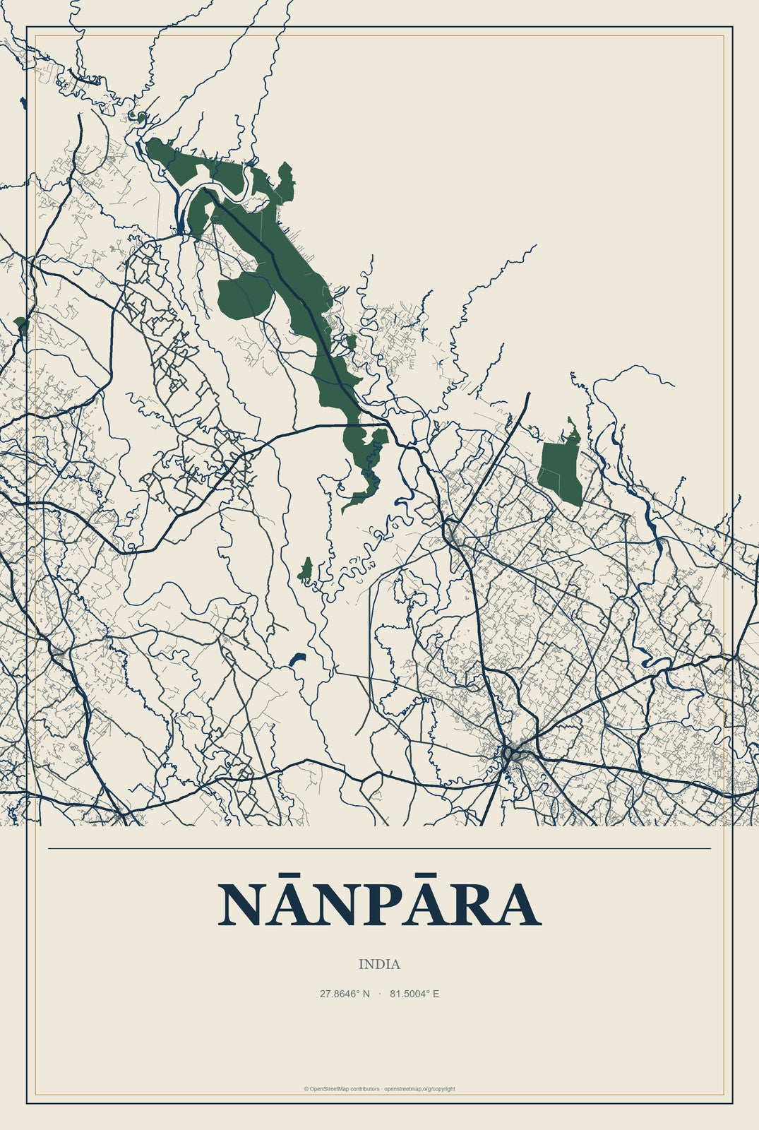 Nānpāra, India City Map Aluminum Sign in Coastal Cutout style