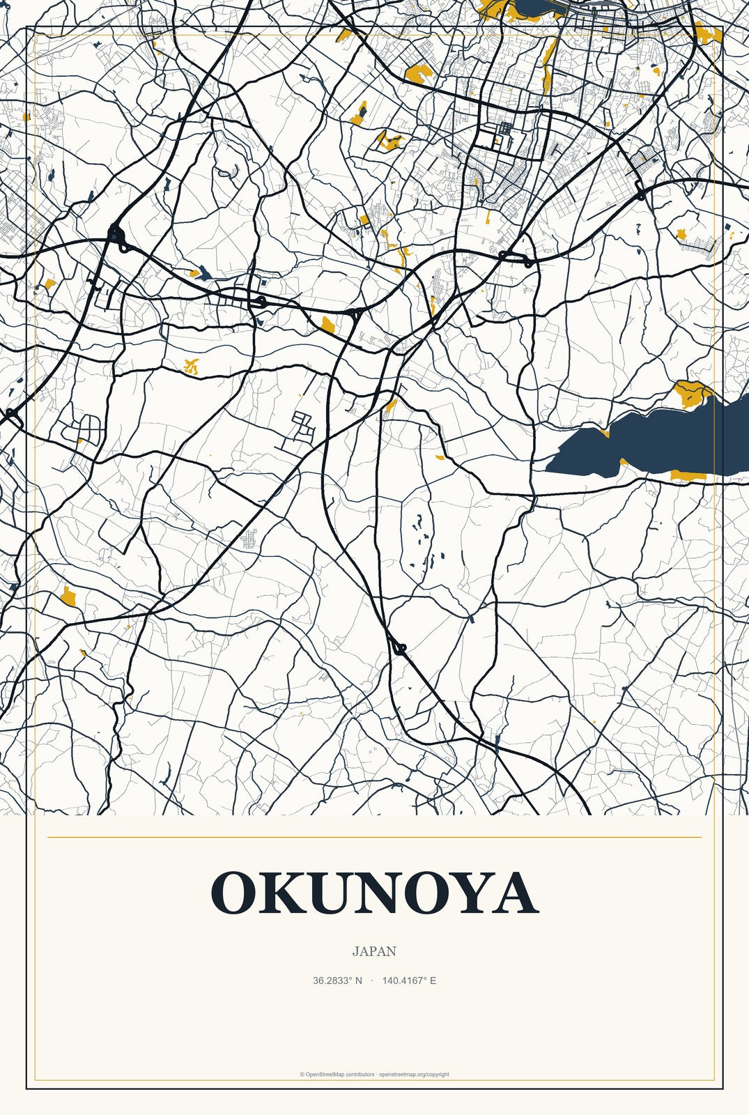 Okunoya, Japan City Map Aluminum Sign in Citrine Modern style