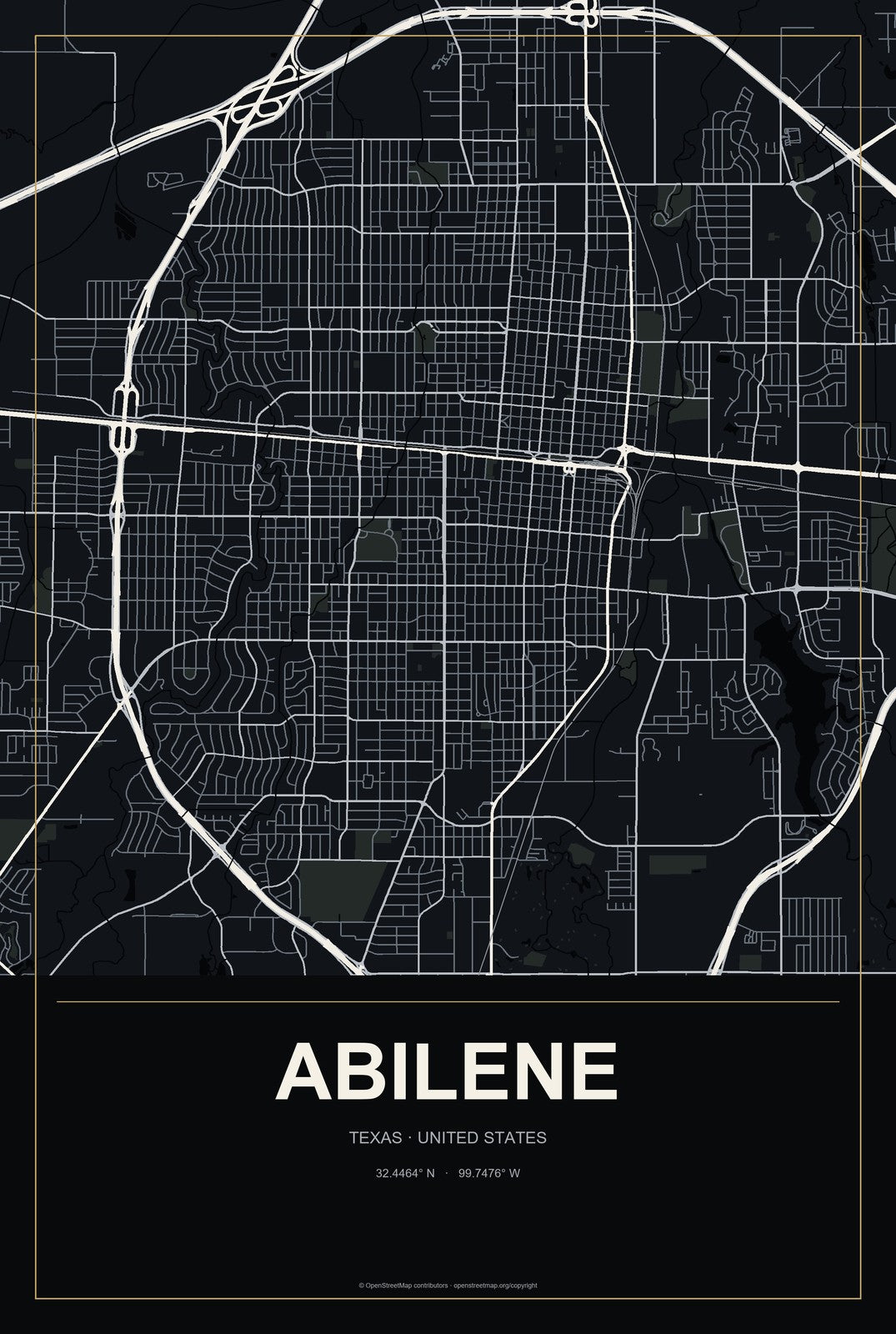 Abilene, Texas City Map Aluminum Sign in Metropolitan Noir style
