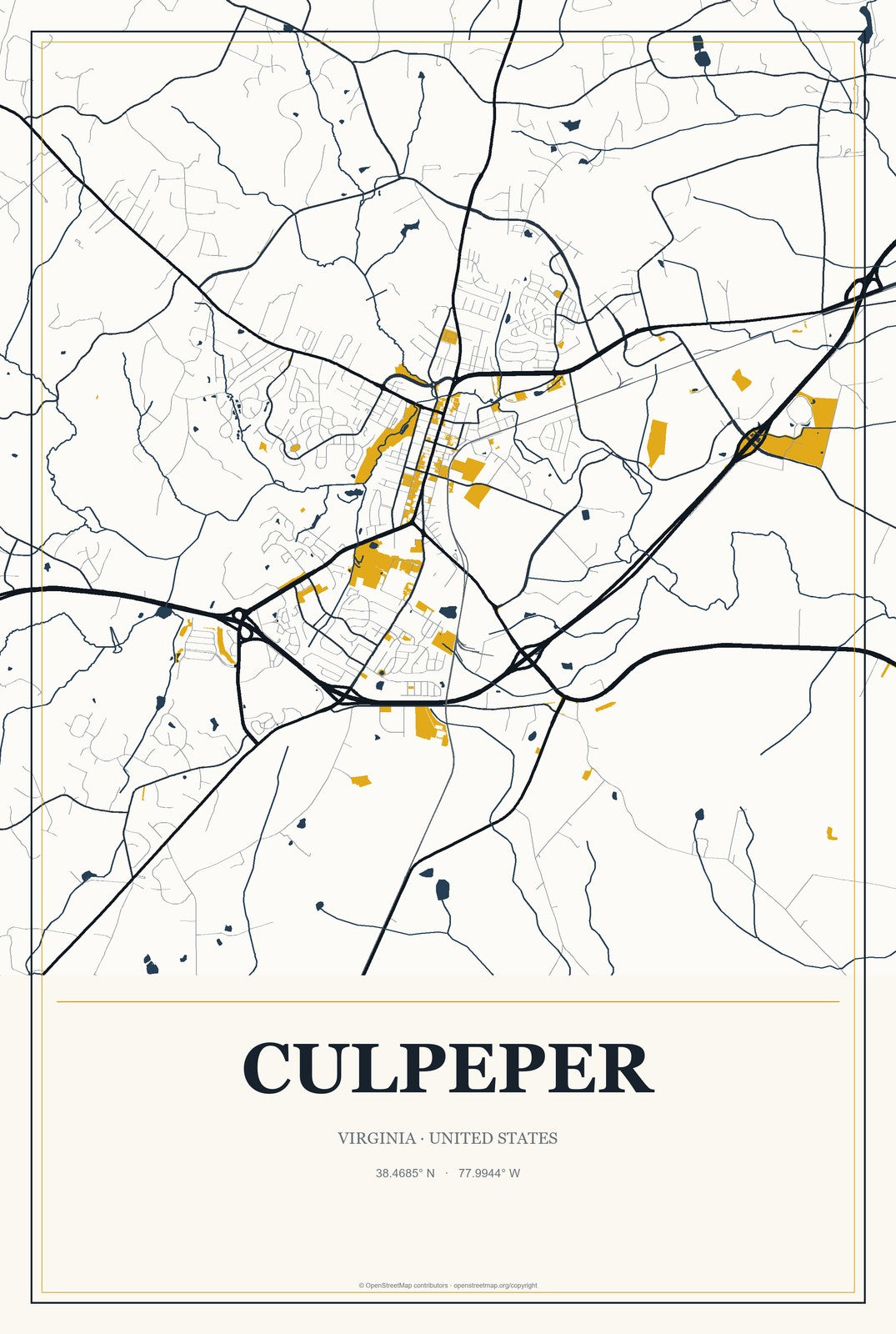 Culpeper, Virginia City Map Aluminum Sign in Citrine Modern style